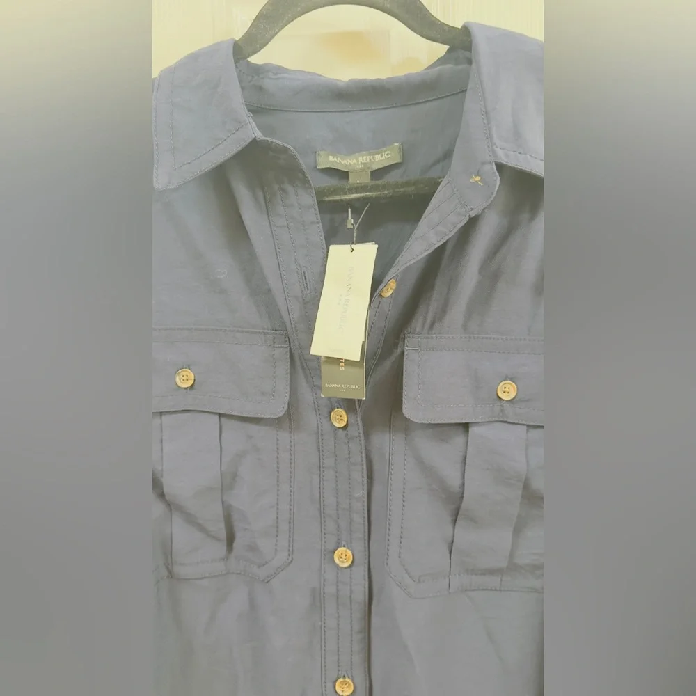 Banana RepublicNWT Navy Button-Front Midi Shirt Dress pit to pit 21.5-mix25) - Picture 5 of 7